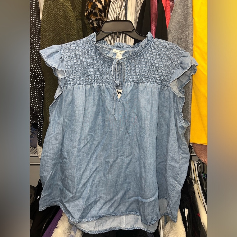 For The Republic Light Blue Smocked Chambray Ruffle Sleeve Top